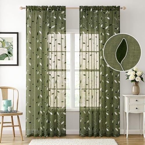 MIULEE Christmas Olive Green Sheer Curtains Leaf Patterned, W52 x L96 - Image 2