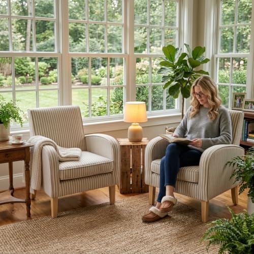 HNY Striped Coastal Accent Chairs Set of 2 Wood Living Room Chair - Image 3