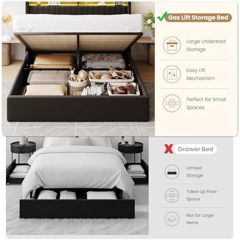 SHA CERLIN Queen Size LED Lift Up Storage Bed Frame Charging Station - Image 4