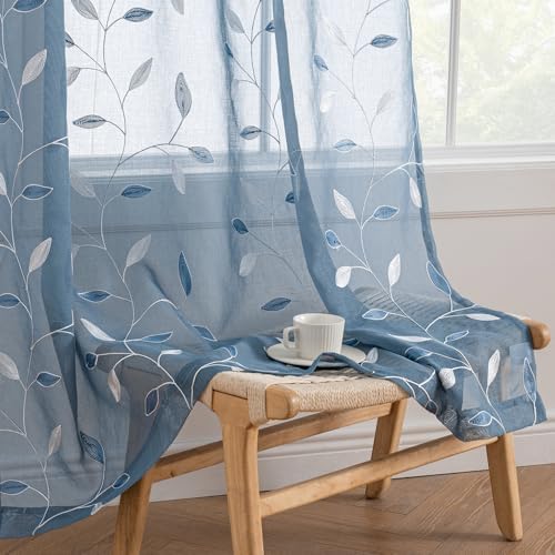 MIULEE Stone Blue Sheer Curtains 2 Panels Leaf Patterned, W52 x L84 by MIULEE