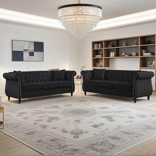 2 Piece Modern Black Velvet 80" 3-Seater Sofa Sets, Upholstered Tufted Backrests - Image 7