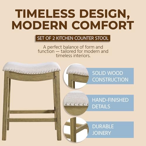 ROME + OAK Set of 2 Parker 26" Counter Stool, Backless Saddle Kitchen Barstool - Image 3