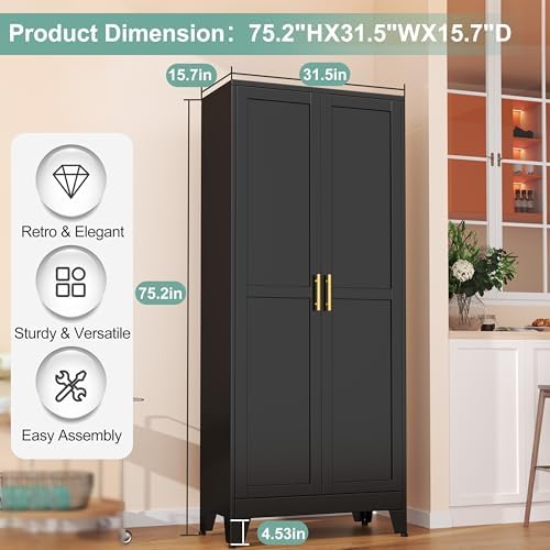 Metal Pantry Cabinet with 2 Doors and 5 Adjustable Shelves, Versatile Storage - Image 3