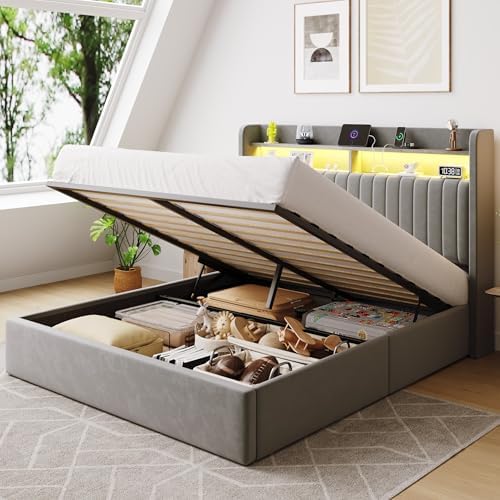 SHA CERLIN Queen Size LED Lift Up Storage Bed Frame Charging Station by SHACERLIN