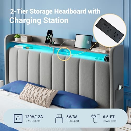 Allewie Queen Bed Frame with 2-Tier Storage Headboard & 2 Large Drawers - Image 4