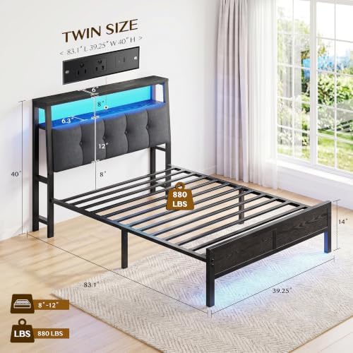Homkdom Twin Bed Frame with Upholstered Headboard & Charging Station - Image 2