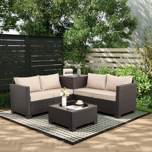 WAROOM Patio Furniture Set 4 Piece Conversation Sets Brown Rattan Outdoor Couch by WAROOM