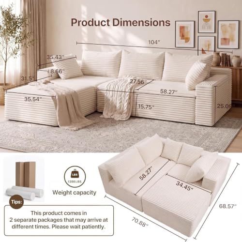 Claiks 104" Boneless Couch, Cloud Couch Sectional, L-Shape Corduroy Modular - Image 3