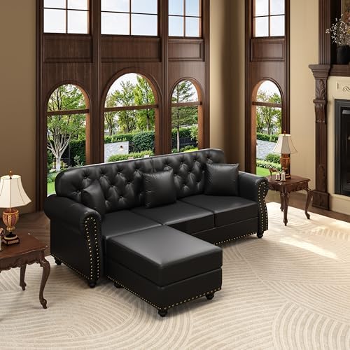 KEIKI 83" Faux Leather Chesterfield Sofa - Image 4