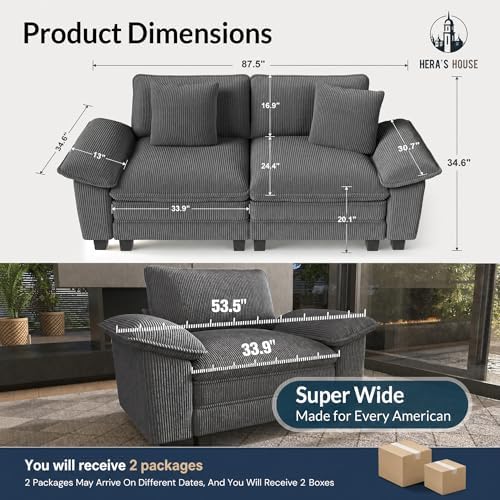 HERA'S HOUSE 88" Oversized Modular Sectional Loveseat Sofa, Corduroy Grey - Image 2