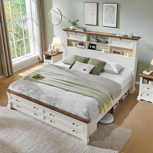 Farmhouse Queen Size Bed Frame w/Charging Station 2 Large Footboard Drawers by T4TREAMFurniture