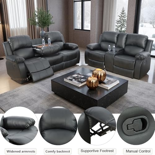 Manual Recliner Sofa Set for Living Room, Leather Reclining Sofa Sets, - Image 3