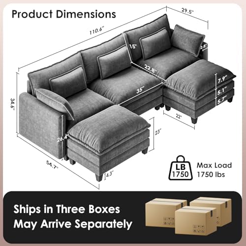 Marsail 5-Seat Modular Sectional Sofa, U-Shaped Cloud Couch, Slate Gray - Image 2
