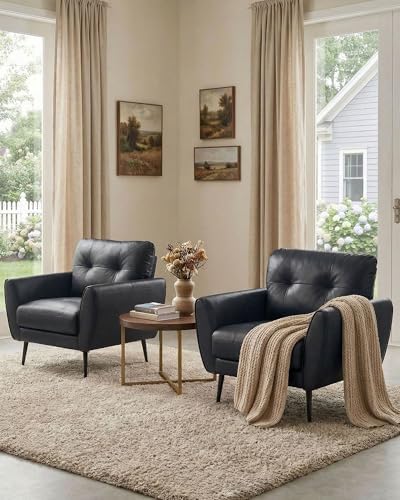 Black Leather Accent Chairs Set of 2, Tufted Reading Chairs - Image 3