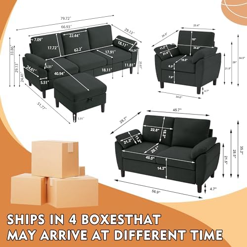 4 Piece Convertible Sectional Sofa Set, Modern Linen Small L Shaped Couch - Image 2