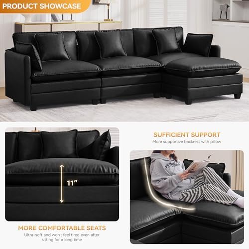 111'' Sectional Cloud Deep Seat Couch, Modern Comfy Leather L Shaped Sectional - Image 3