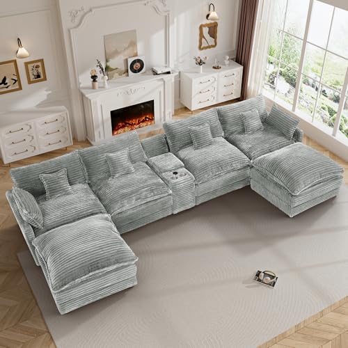 145" Cloud Couch Oversized U Shaped Light Grey Sectional Couches by Flyida