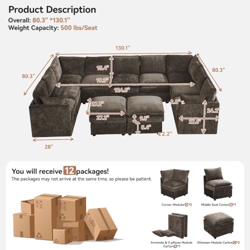130" Brown Oversized Modular Storage Sofa, U Shaped Chenille Cloud Couch - Image 2