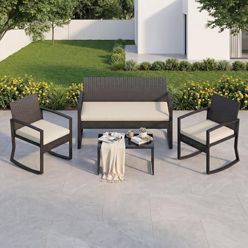 IDEALHOUSE 4 Piece Outside Patio Furniture Set, Outdoor Wicker Rocking Chair by IDEALHOUSE