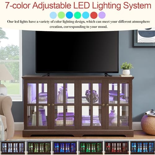 59" Glass Curio Display Storage Cabinet, 4 Doors LED Light Multipurpose - Image 5