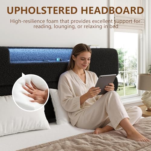 Full Bed Frame with Charging, LED Boucle Platform Bed, Dark Grey - Image 4