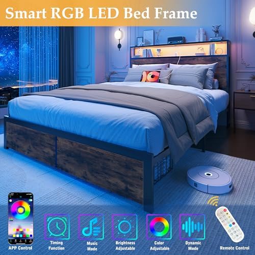 Full Bed Frame with Charging Station, LED Lights, 2 Drawers, Rustic Brown - Image 6