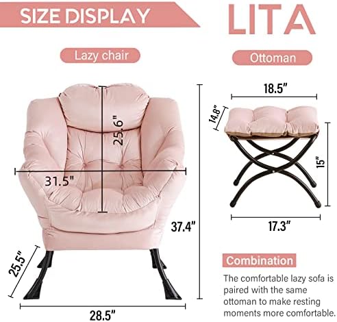 LITA Lazy Chair with Ottoman, Comfy Accent Reading Chair, Velvet Pink - Image 3