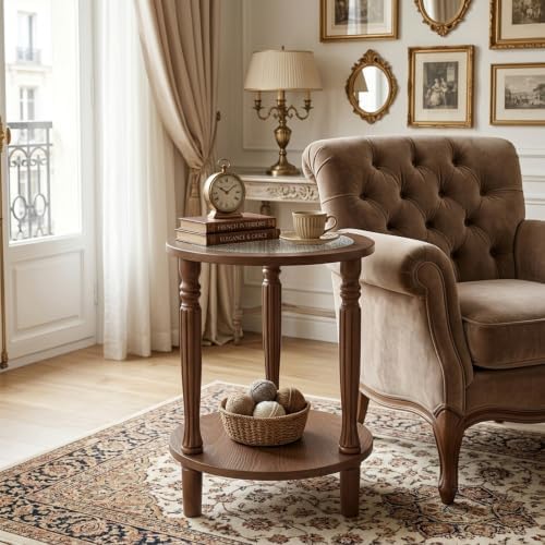 Walnut Brown Round 2‑Tier French Vintage End Table - Image 7