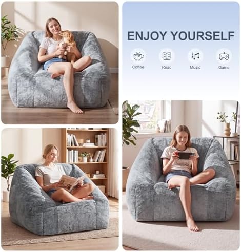 Hobestluk Bean Bag Chair Plush Accent Chair Armrest Living Room Adult Grey - Image 4