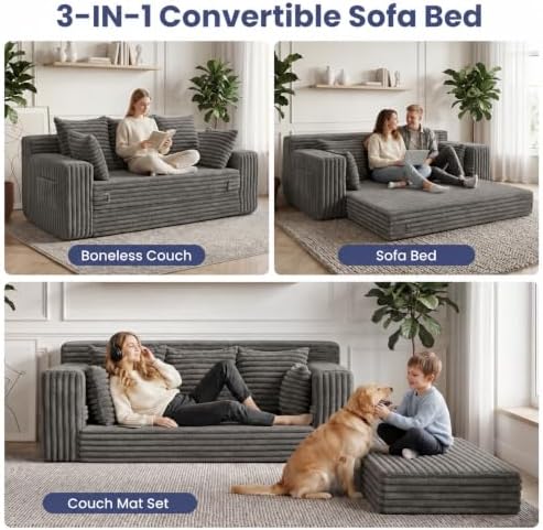 3-in-1 Convertible Sleeper Sofa Bed, Furry Futon Sofa - Image 3