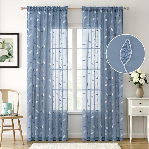 MIULEE Dusty Blue Sheer Curtains 2 Panels Leaf Patterned, W52 x L96 - Image 2