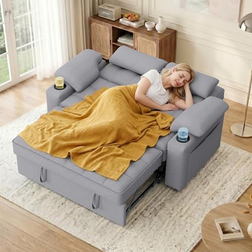 58'' Convertible Sofa Bed with USB Charger and Cup Holders, Teddy Fabric - Image 7