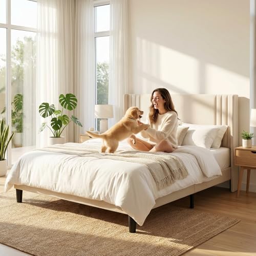 Gizoon Full Bed Frame with Wingback Headboard, Upholstered Platform Bed - Image 3