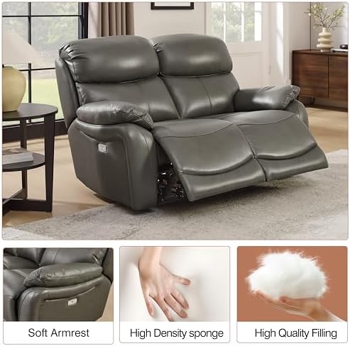 THSUPER Grey Top Grain Leather Power Recliner Sofa Loveseat - Image 5