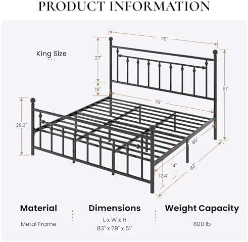 SHA CERLIN 14" King Size Metal Platform Bed Frame/Victorian Headboard and - Image 2