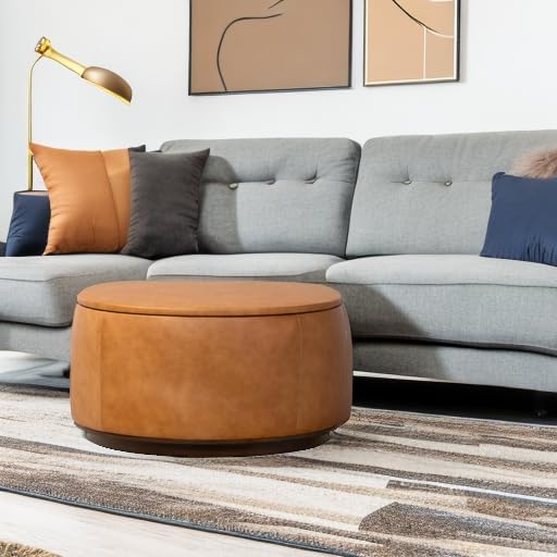 Poly & BARK Herve Storage Ottoman – Round Italian Full-Grain Leather Ottoman - Image 5