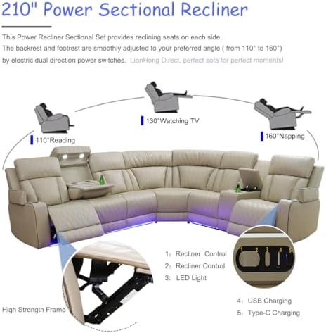 Power Recliner Sectional Sofa, Leather Sofa and 2 Chairs Reclining Sectional - Image 5