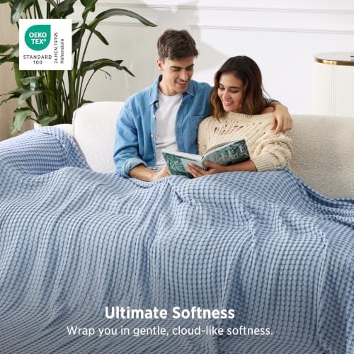 Bedsure Cooling Waffle Blanket for Hot Sleepers, Sky Blue, Oversized King - Image 4