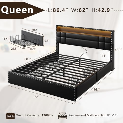 Forestell Queen Bed Frame with 4 Storage Drawers, LED Lights & Charging - Image 2