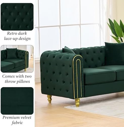 86" Chesterfield 3-Seater Velvet Sofa Couch, Button Tufted Rolled Arms - Image 3