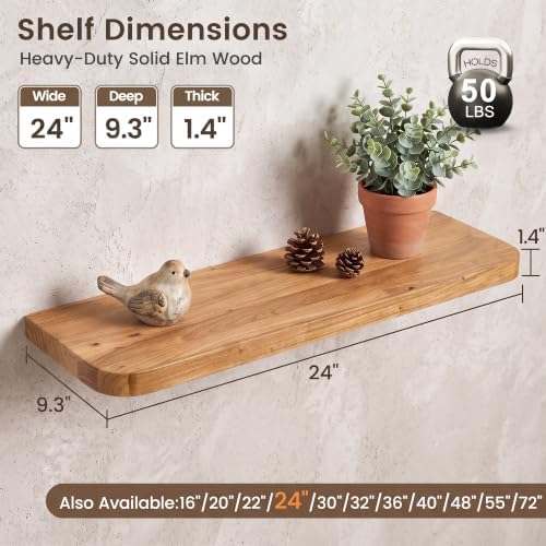 24 inch Floating Shelves for Wall, Elm Wood Rounded Edge - Image 3
