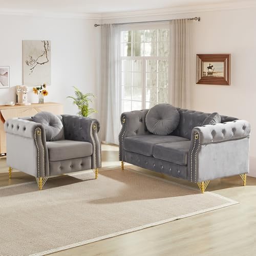 2 Pieces Mid Century Modern Chesterfield Sofa Set, Upholstered Button Tufted by JEEOHEY
