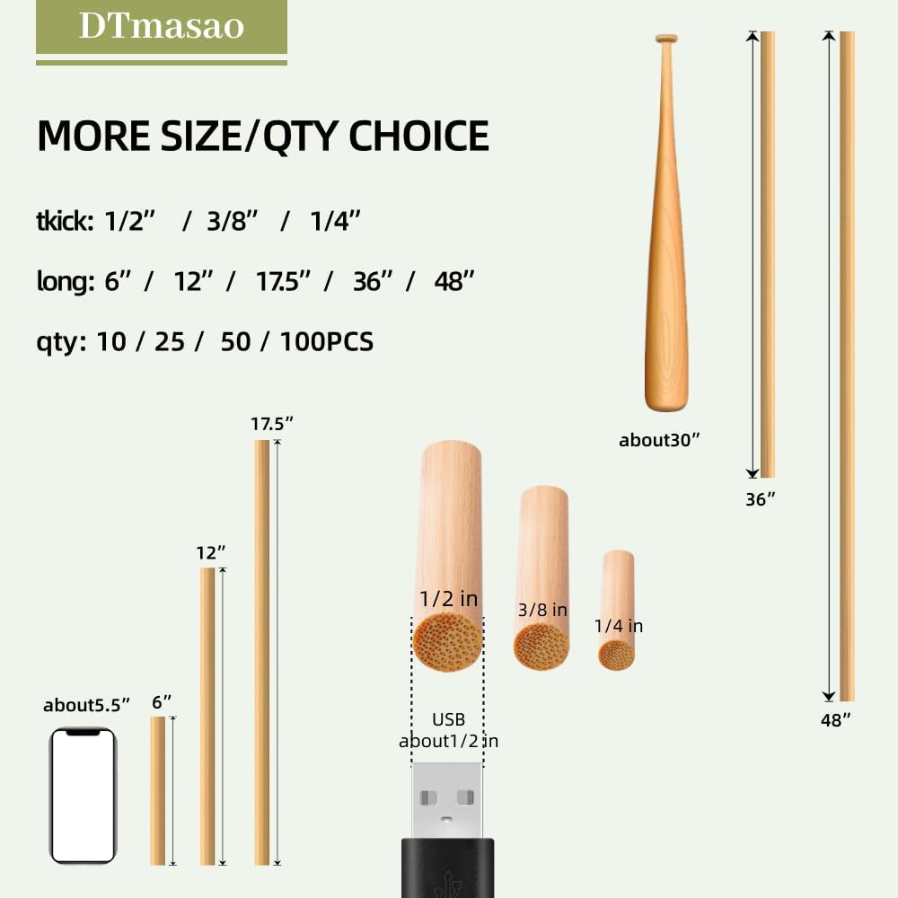 1/2 x 12 Inch 50 PCS Dowel Rods Wood Sticks Wooden Dowel Rods - Unfinished Bamboo Sticks - for Crafts and DIYers