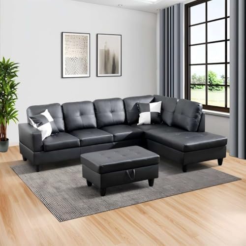Black L-Shaped 3-Piece Faux Leather Sofa by UOCFYK