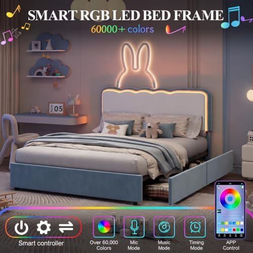 IDEALHOUSE Full LED Bed, 2 Drawer Trundle, Light Blue Wave Headboard - Image 3