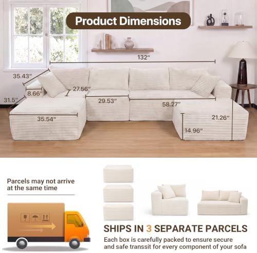Claiks 132" Boneless Couch, U-Shape Corduroy Sectional Sofa - Image 2