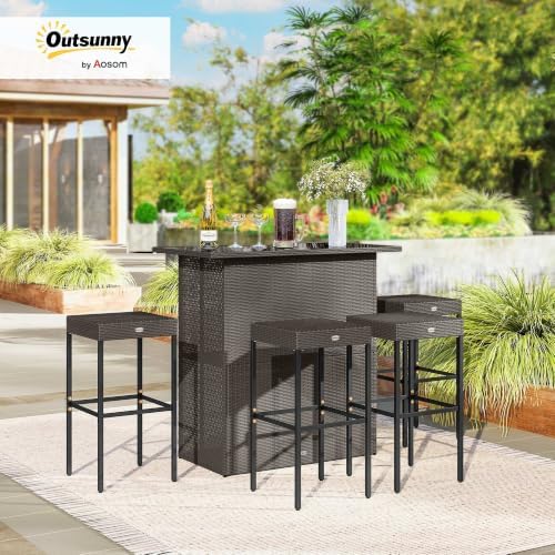 Outsunny 5 Piece Wicker Outdoor Bar Set High Top Table Chairs Dark Brown - Image 2