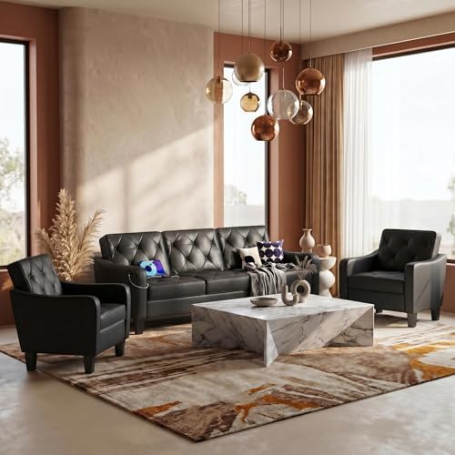 3-Piece Black Leather Sofa Living Room Set by STHOUYN