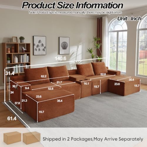 141" Oversized U Shaped Cloud Sectional Boneless Corduroy Sofa Couch Orange - Image 4