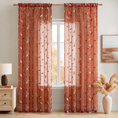 MIULEE Terracotta Sheer Fall Curtains 2 Panels Leaf Patterned, W52 x L63 - Image 2